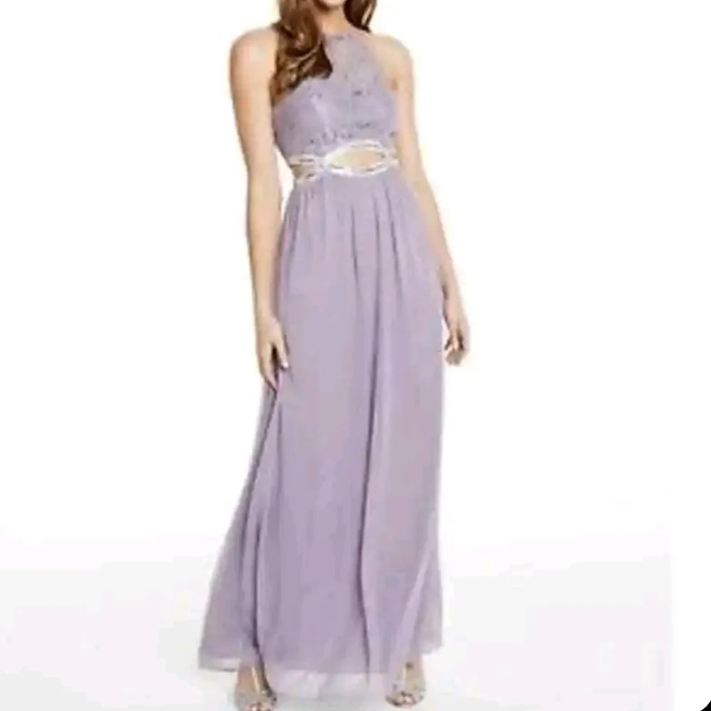 Sequin Cut Out Embellished Waist Gown Maxi Dress Purple Silver - Picture 3 of 12
